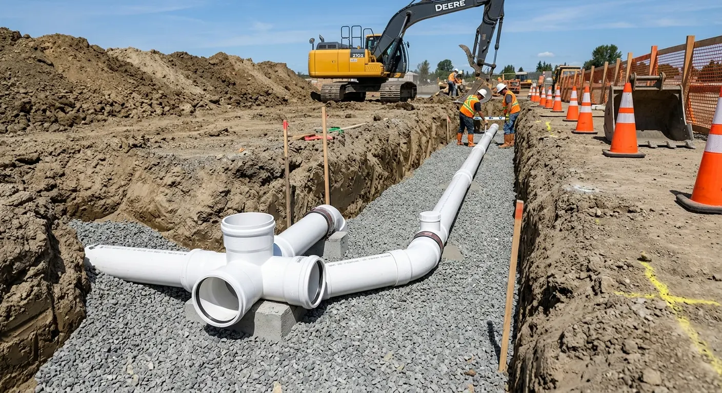 New PVC sewer pipe installation in open trench for Sewer Backup in Picayune