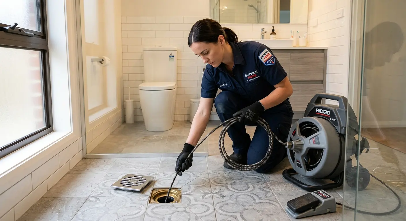 Technician clearing a bathroom floor drain for Drain Cleaning in Picayune